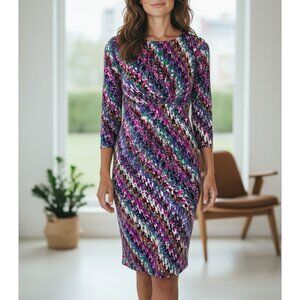 NEW David Meister Multicolor Abstract Print Rayon Jersey V-Neck Dress Size 10